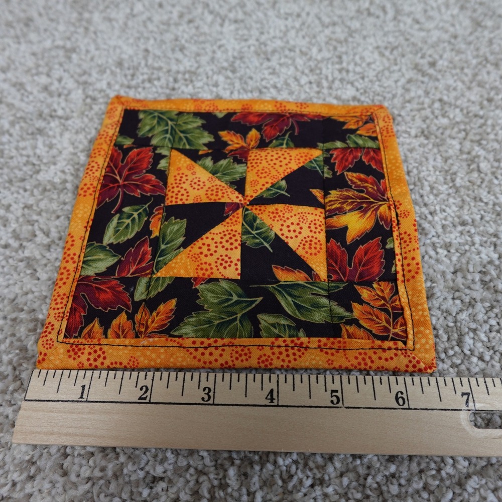 Handmade Quilted Mug Rug Set 2 Dark Fall Leaves Pinwheel Cotton Coasters 6.5in - Picture 6 of 7